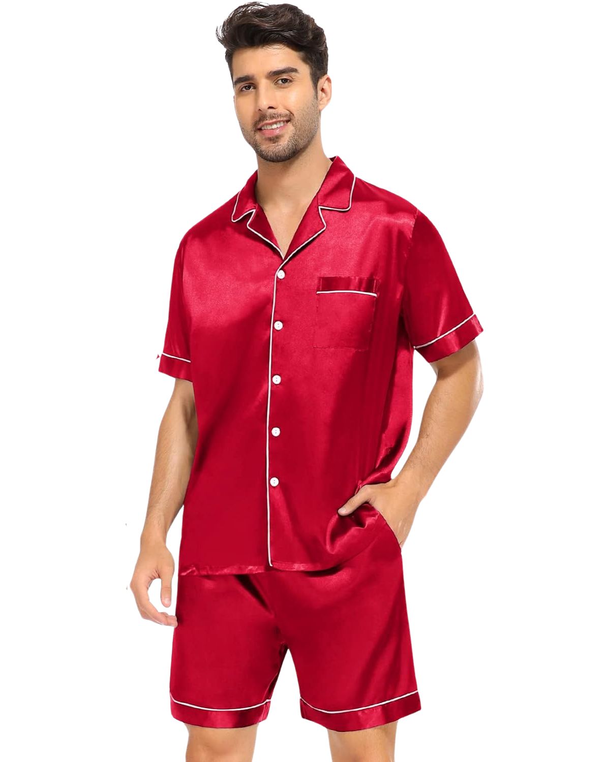 Pijama Masculino em Cetim Short e Camisa Manga Curta - Vermelho