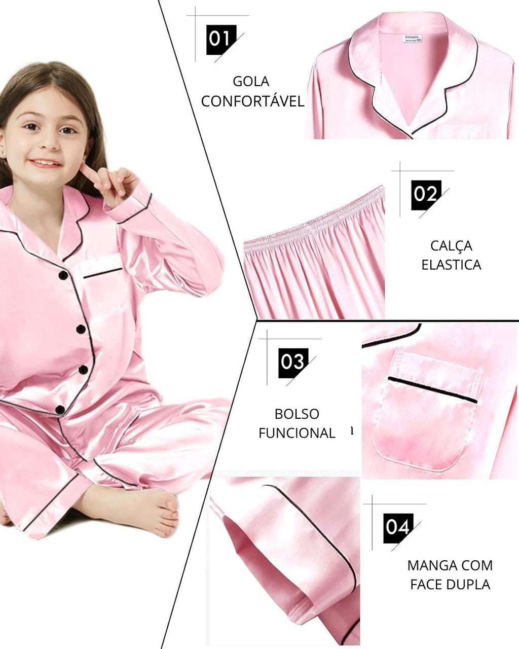 Pijama Infantil Americano  Calça e Camisa Manga - Rosa