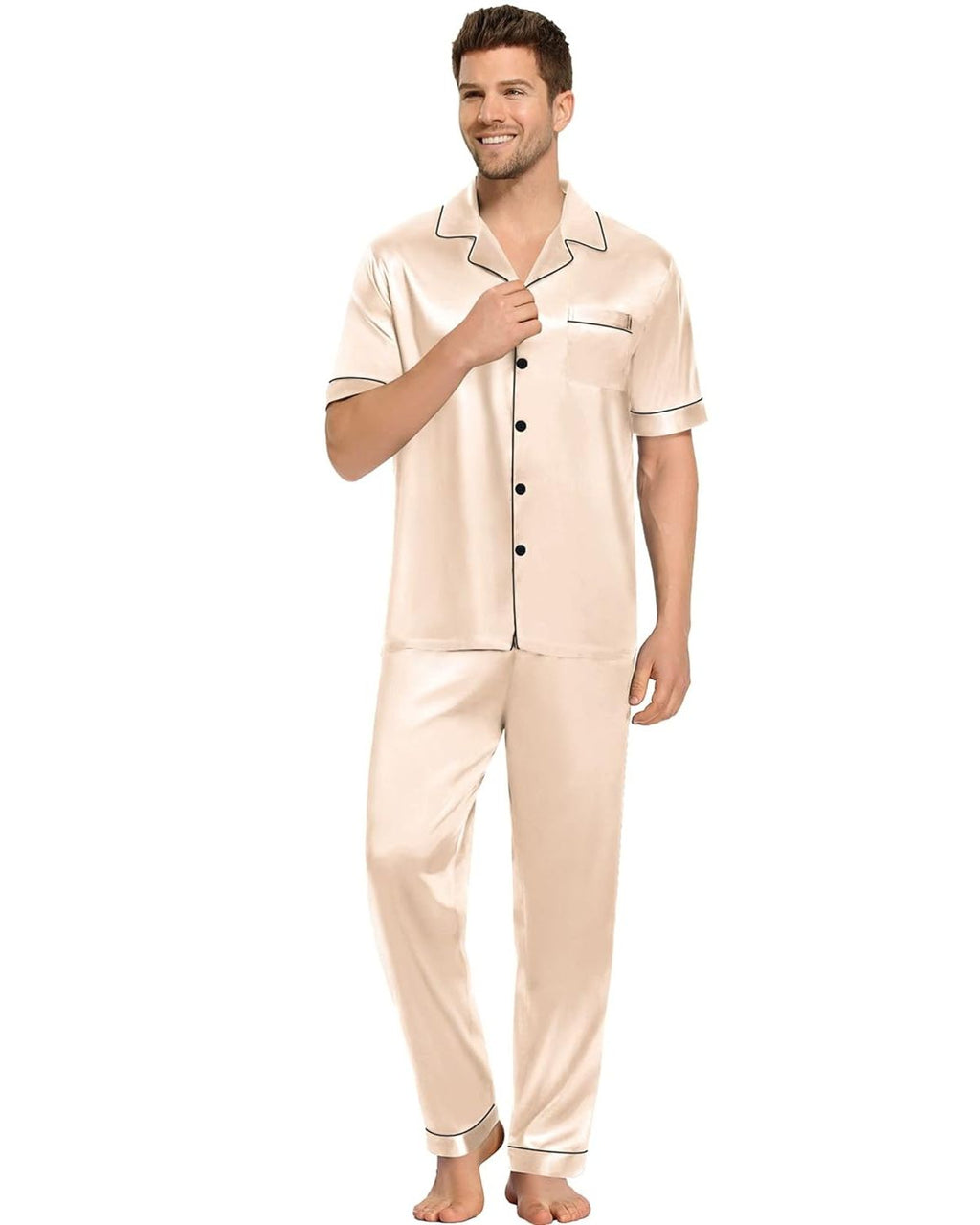 Pijama Americano Masculino Cetim Calça e Camisa Manga Curta - Champanhe