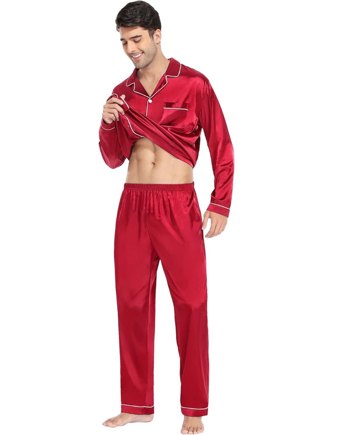 Pijama Masculino Cetim Calça e Camisa Manga Longa - Vermelho