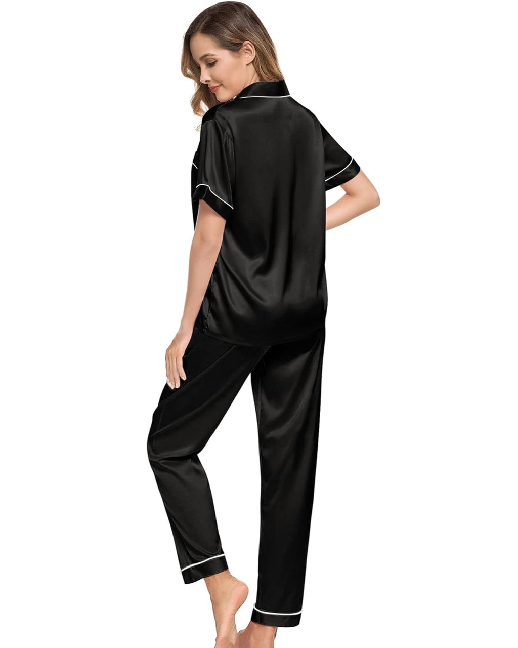 Pijama Americano Feminino Cetim de Seda Meia Estação Calça e Manga Curta com bolso e botões - Preto