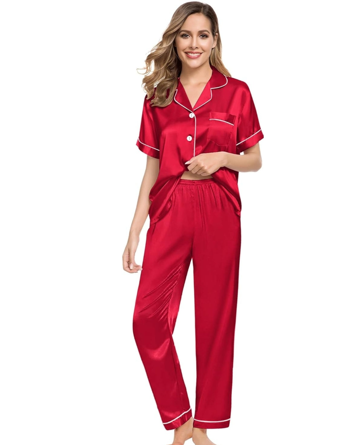 Pijama Americano Feminino Cetim Calça e Manga Curta - Vermelho