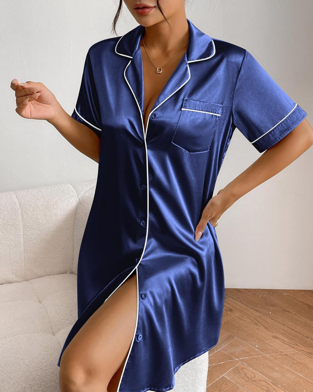 Chemise Feminina Americana Manga Curta - Marinho
