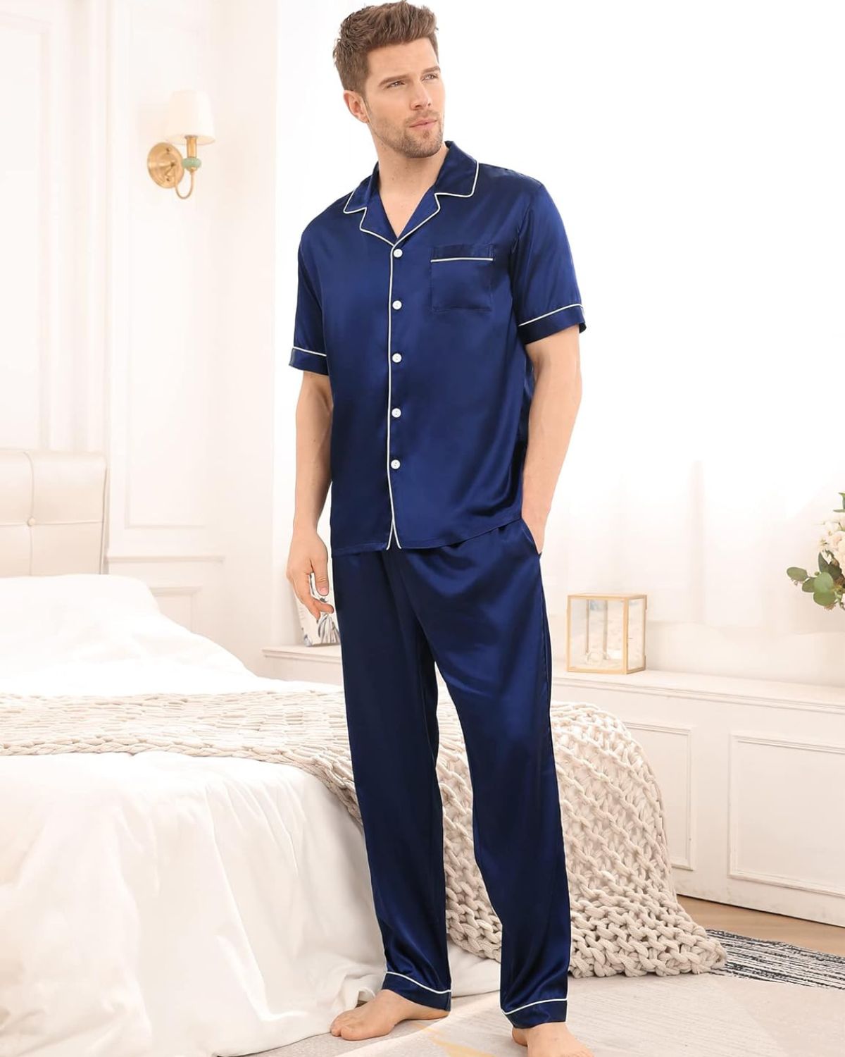 Pijama Americano Masculino Cetim Calça e Manga Curta - Azul