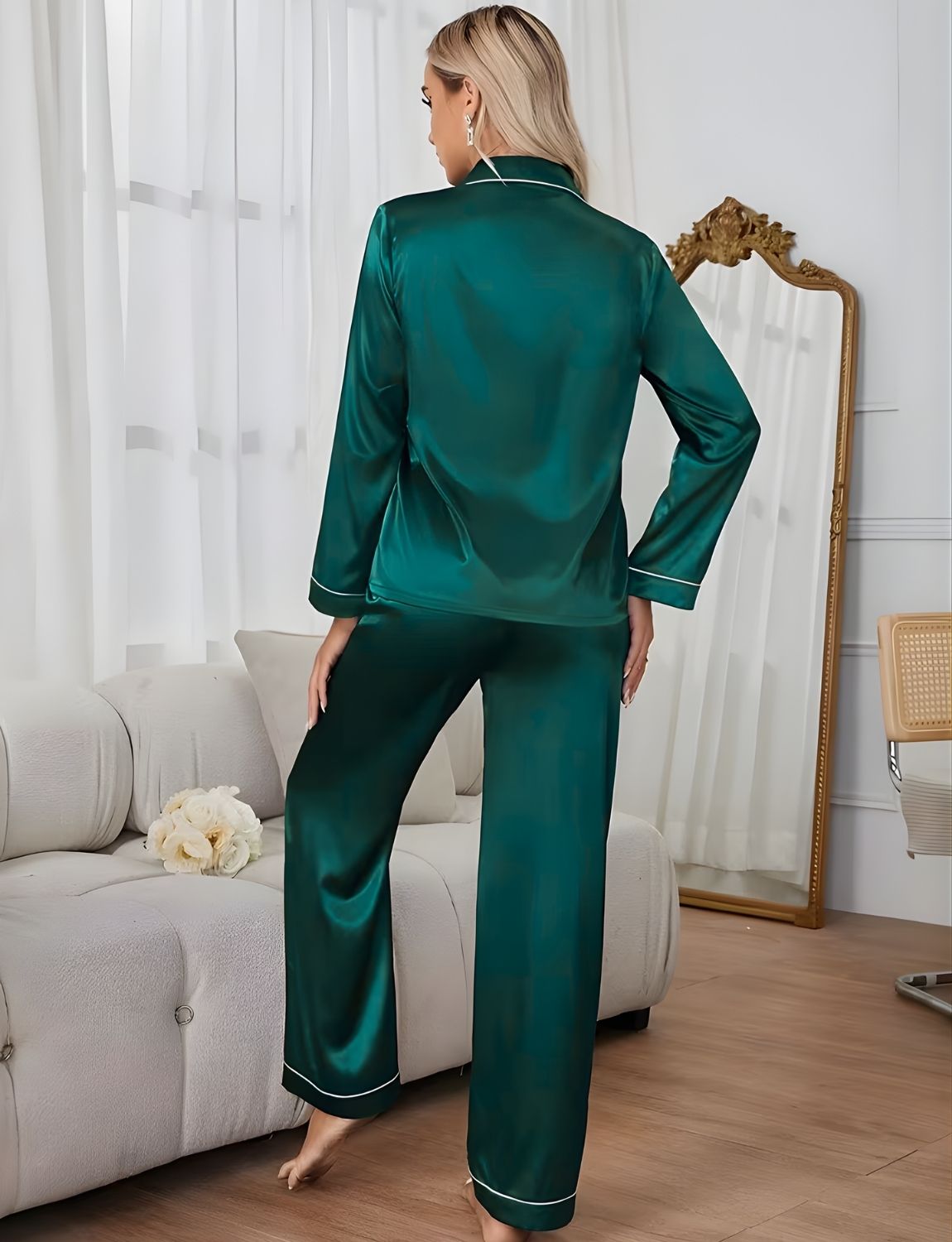 Pijama Americano Feminino Afrodite Cetim de Seda Calça e Manga Cumprida - Verde