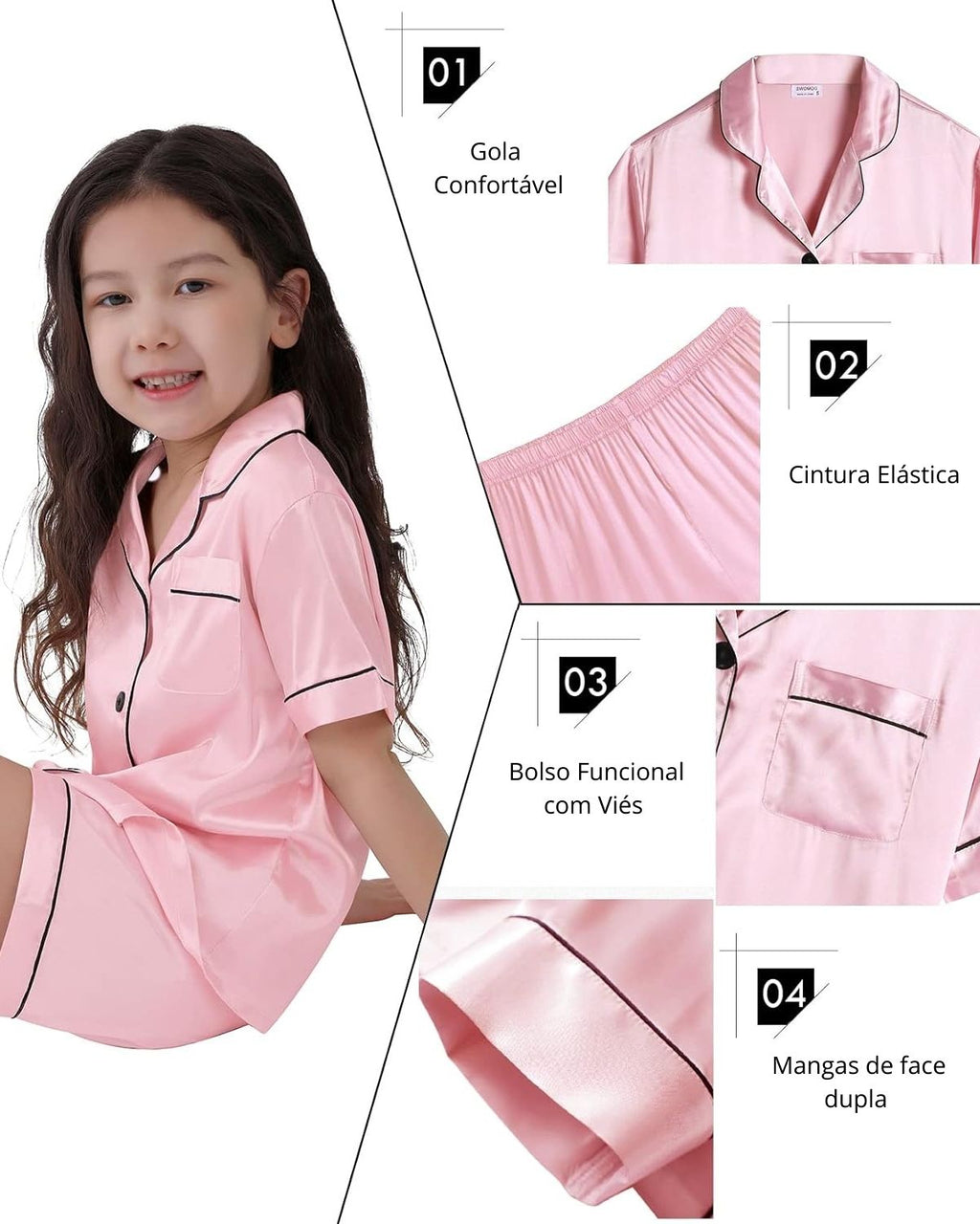 Pijama Infantil Americano Unissex Cetim Short e Camisa Manga Curta - Rosa