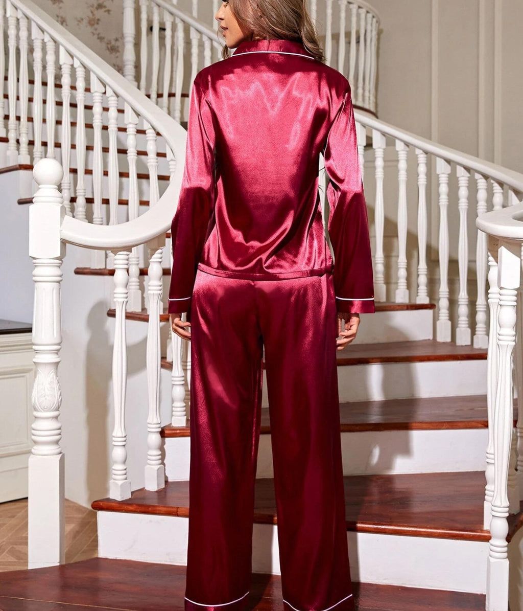 Pijama Americano Feminino Cetim de Seda Calça e Manga Cumprida - Vermelho