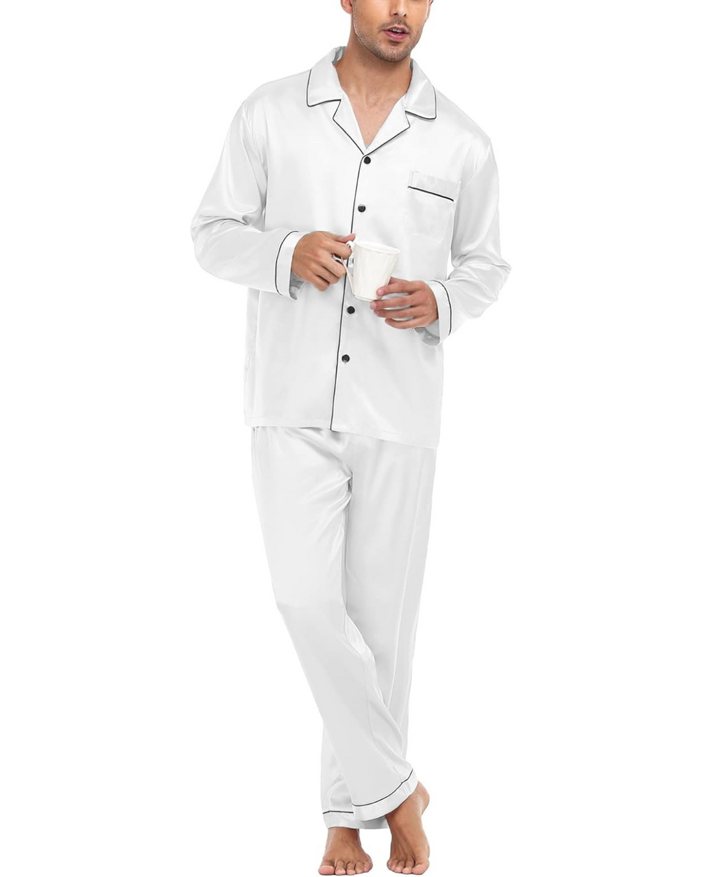 Pijama Masculino em Cetim com Elastano Calça e Camisa Manga Longa - Branco