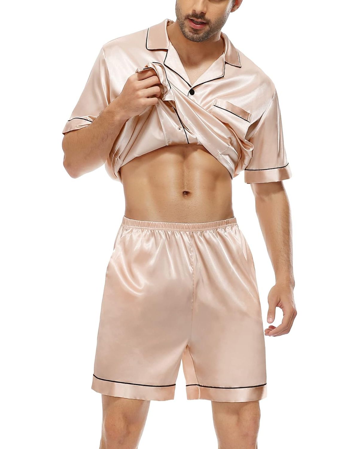 Pijama Masculino Marcos em Cetim com Elastano Short e Camisa Manga Curta com Bolso e Botões - Champanhe