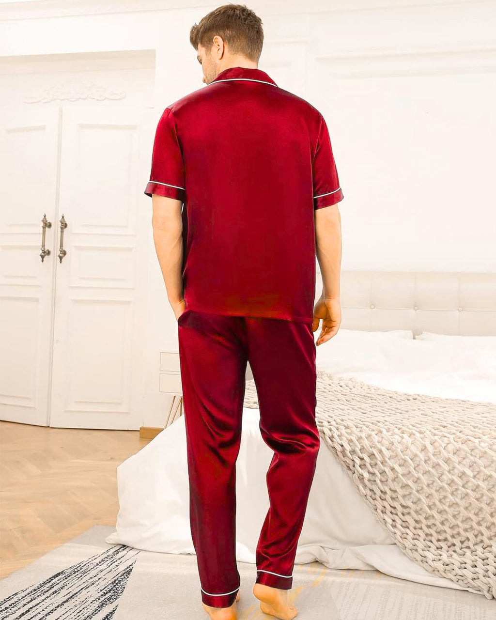 Pijama Americano Masculino Cetim Calça e Camisa Manga Curta - Vermelho