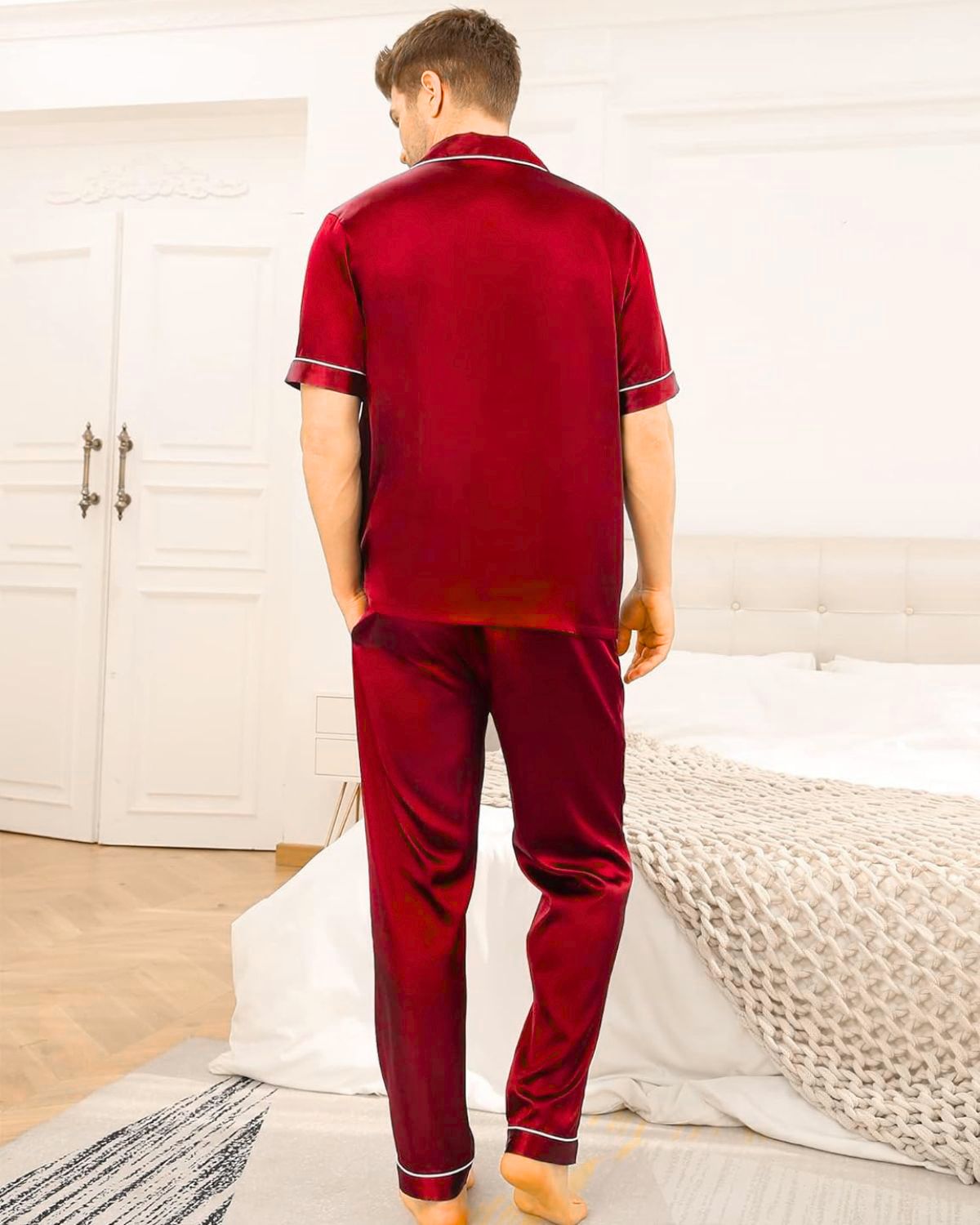 Pijama Americano Masculino Cetim Calça e Camisa Manga Curta - Vermelho