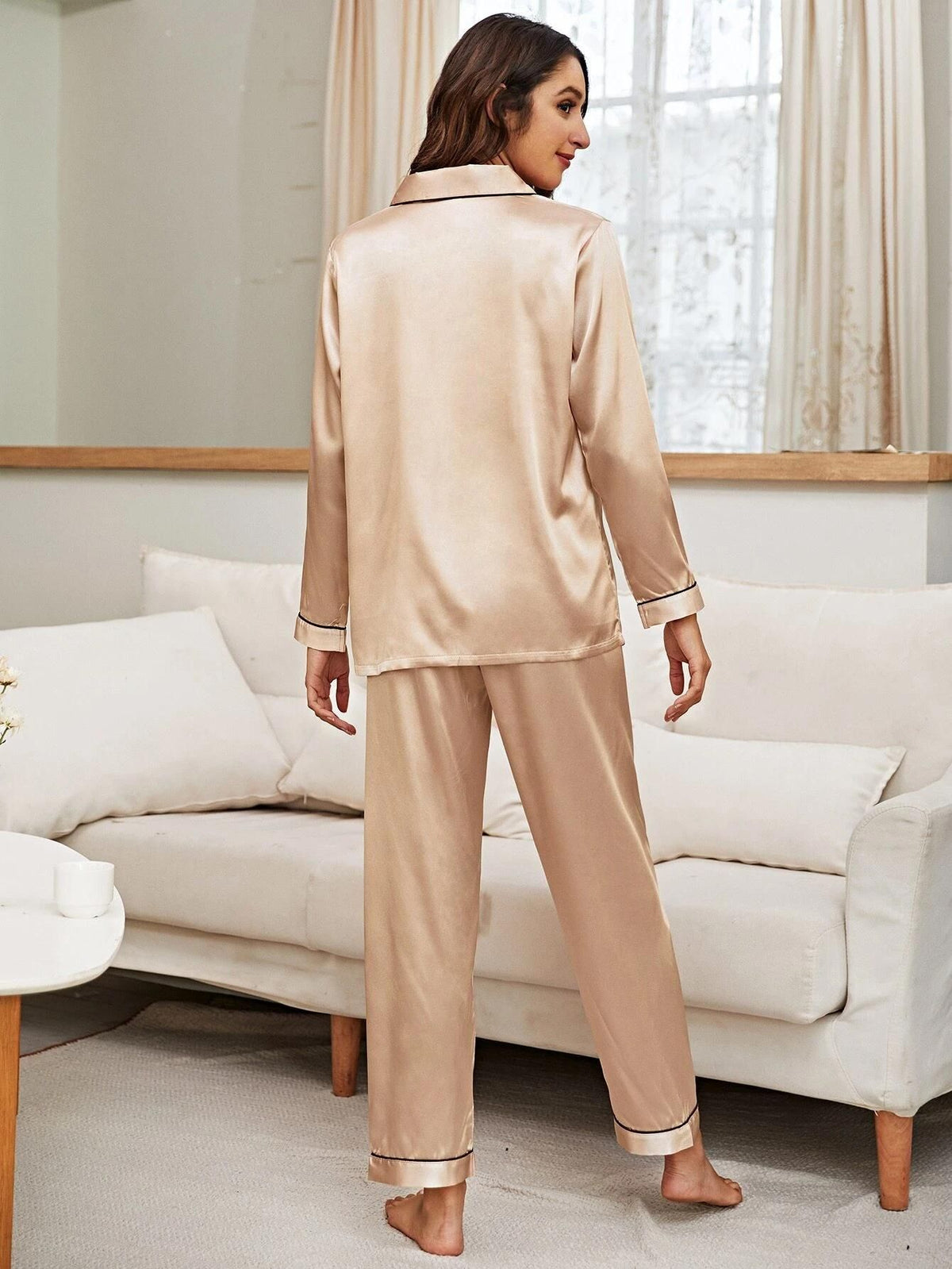 Pijama Feminino Americano Cetim Liso Calça com Manga Longa - Champagne