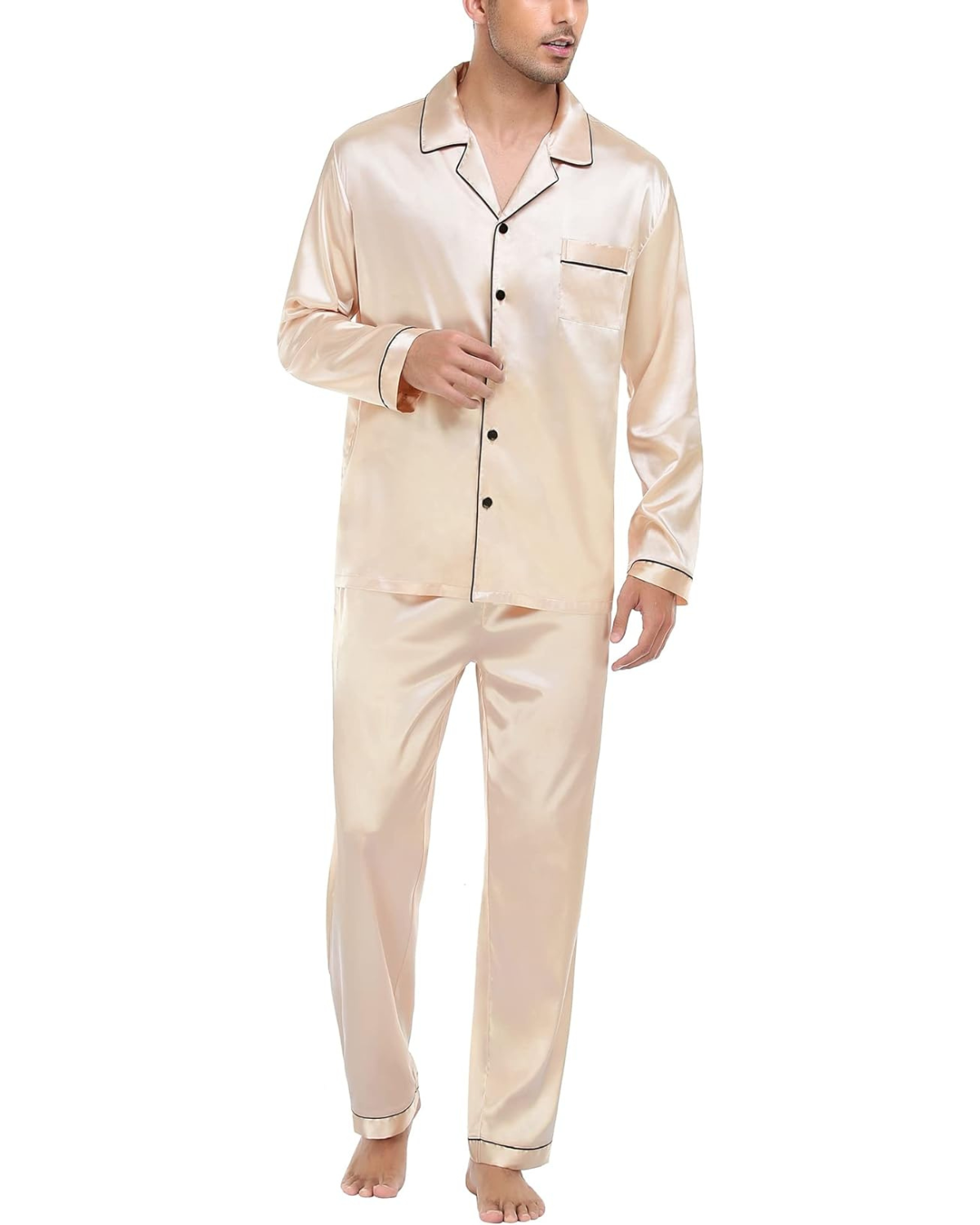 Pijama Masculino em Cetim Calça e Camisa Manga Longa - Champanhe