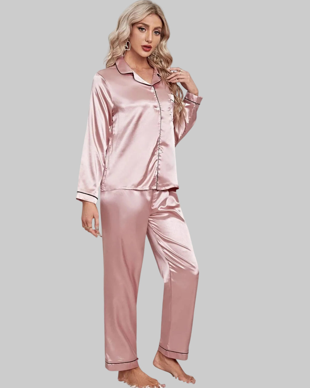 Pijama Feminino Americano Cetim de Seda Calça com Manga Longa - Rosa