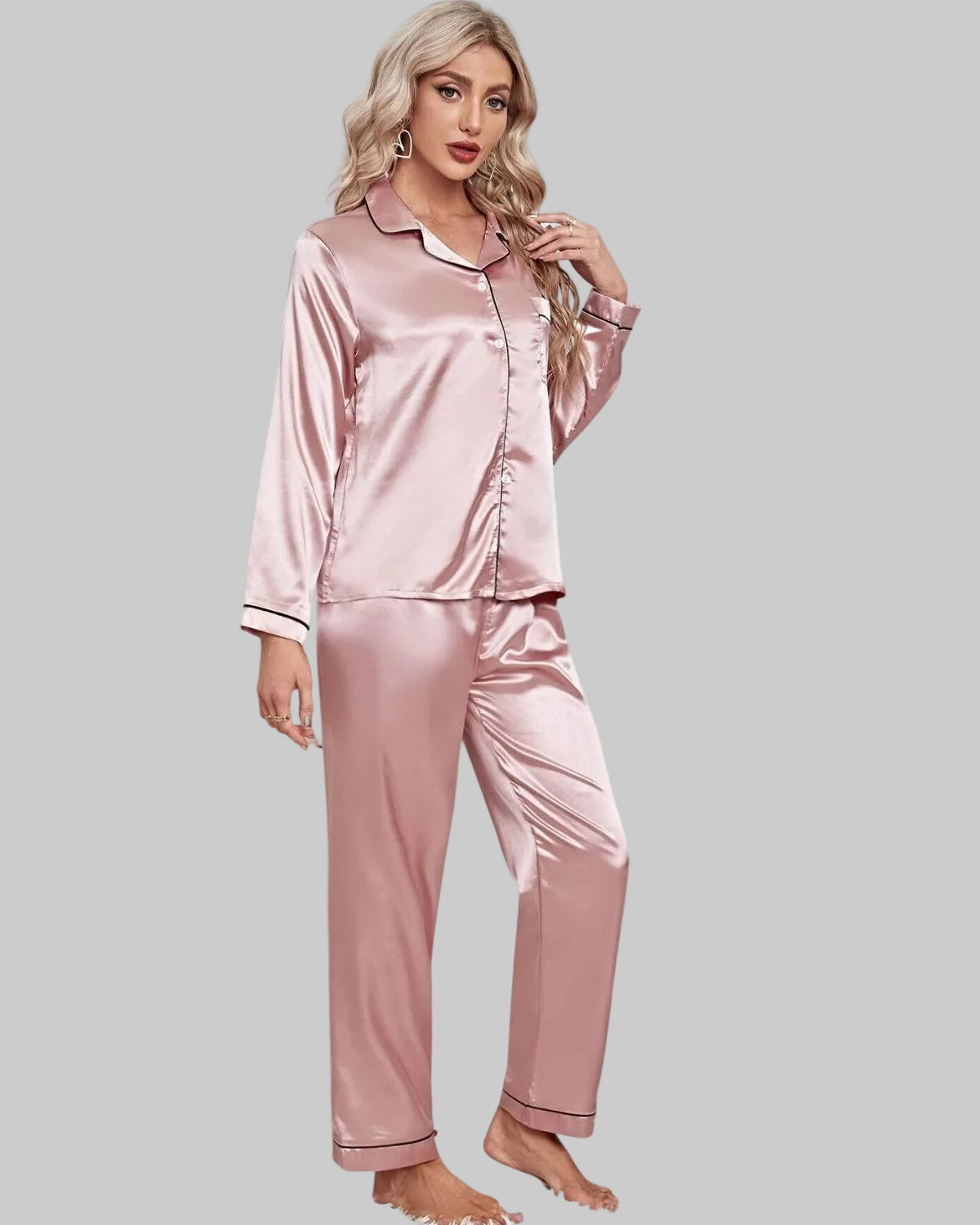 Pijama Feminino Americano Cetim de Seda Calça com Manga Longa - Rosa