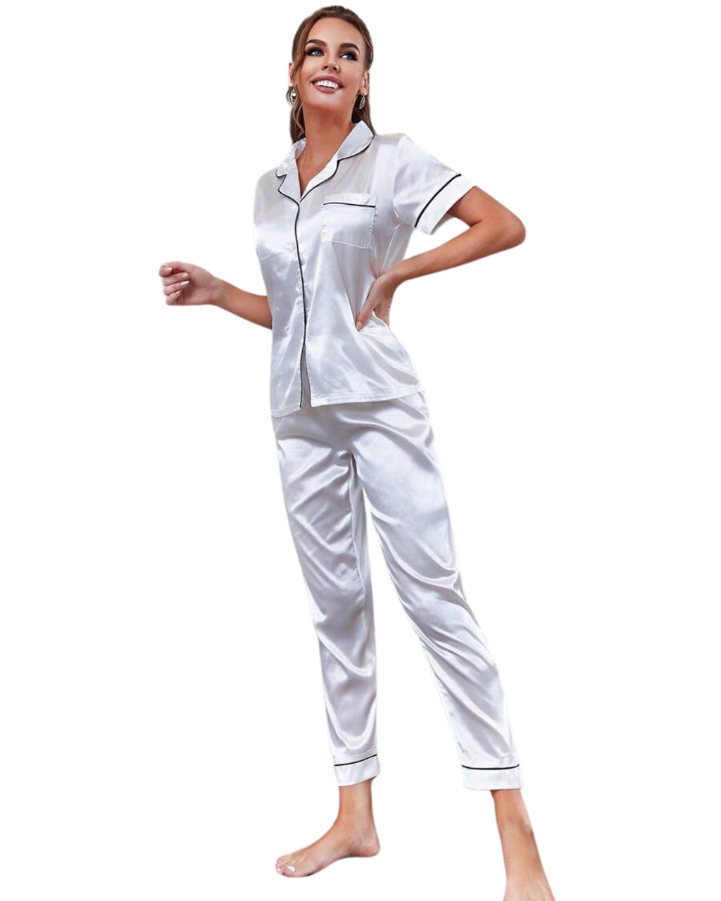 Pijama Americano Feminino Cetim Calça e Manga Curta - Branco