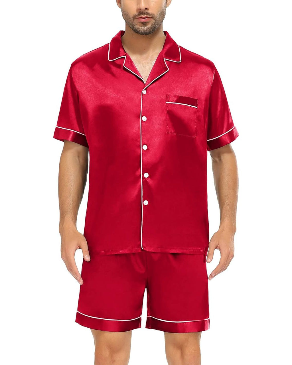 Pijama Masculino em Cetim Short e Camisa Manga Curta - Vermelho