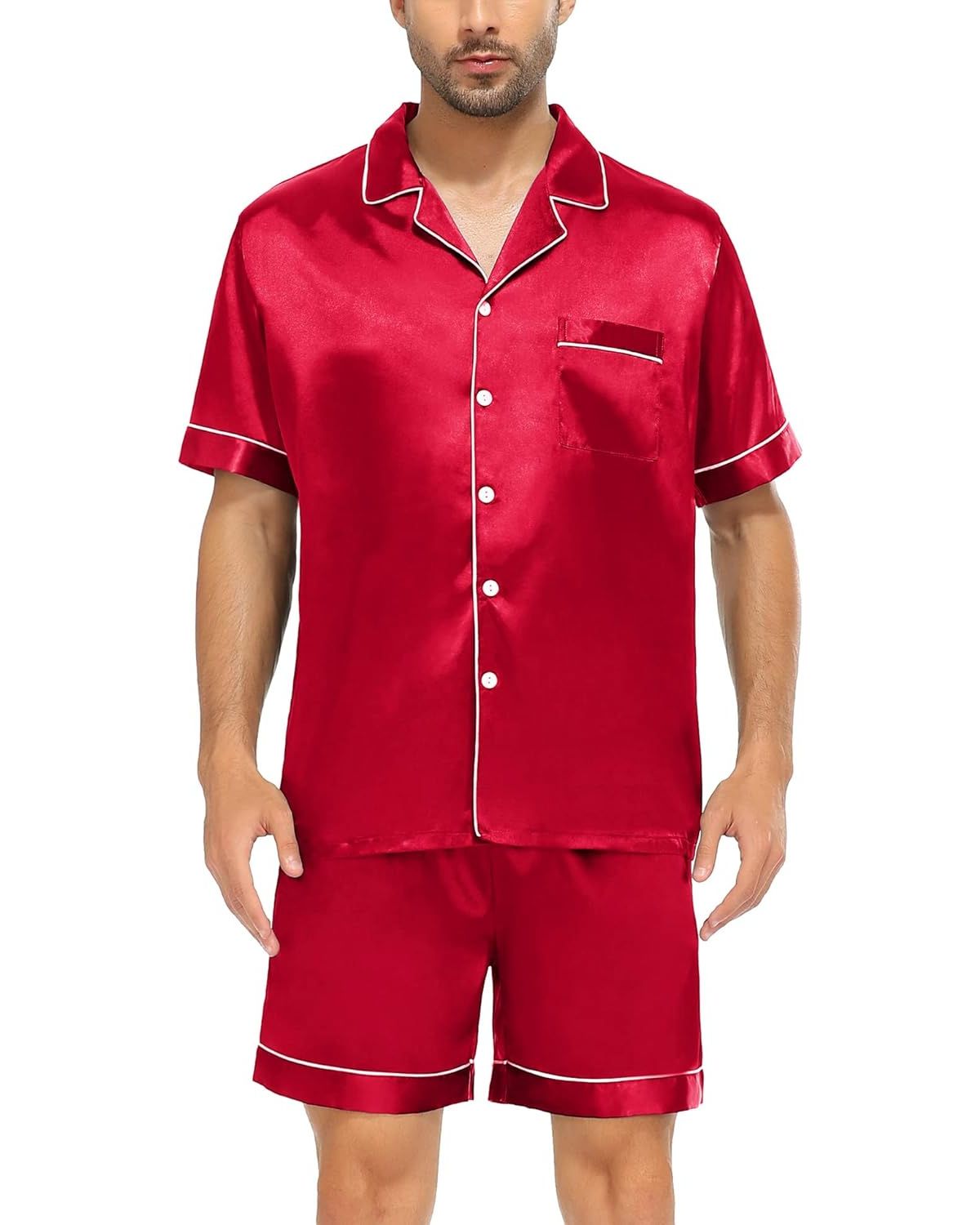 Pijama Masculino em Cetim Short e Camisa Manga Curta - Vermelho