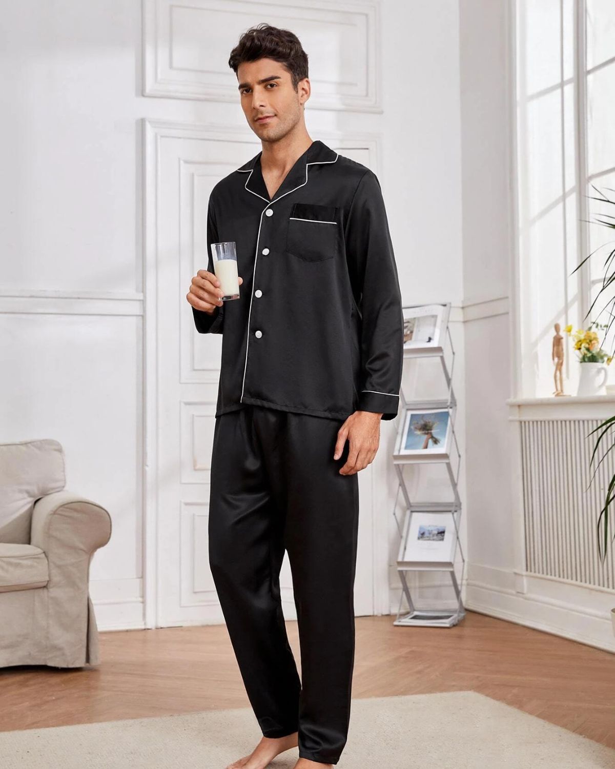 PIjama Masculino em Cetim Short e Camisa Manga Curta - Preto