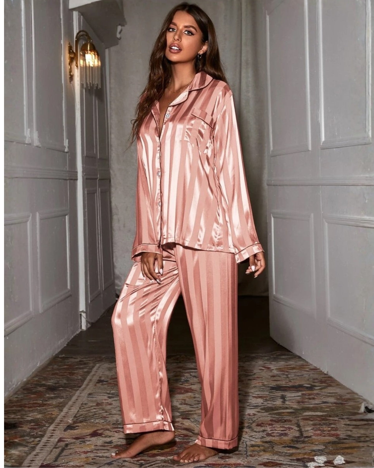 Pijama Feminino Americano Afrodite Cetim Listrado Calça com Manga Longa - Rosa
