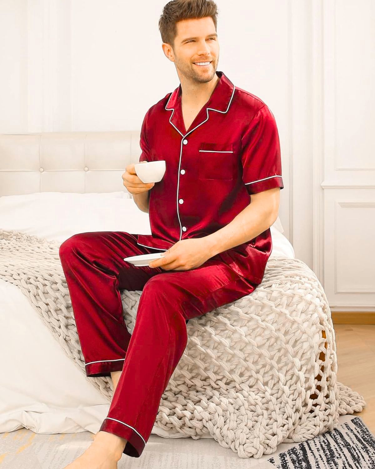 Pijama Americano Masculino Cetim Calça e Camisa Manga Curta - Vermelho