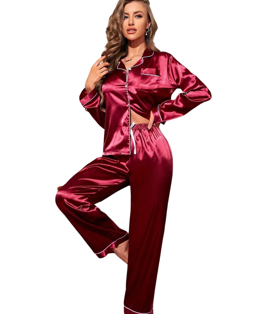 Pijama Americano Feminino Cetim de Seda Calça e Manga Cumprida - Vermelho