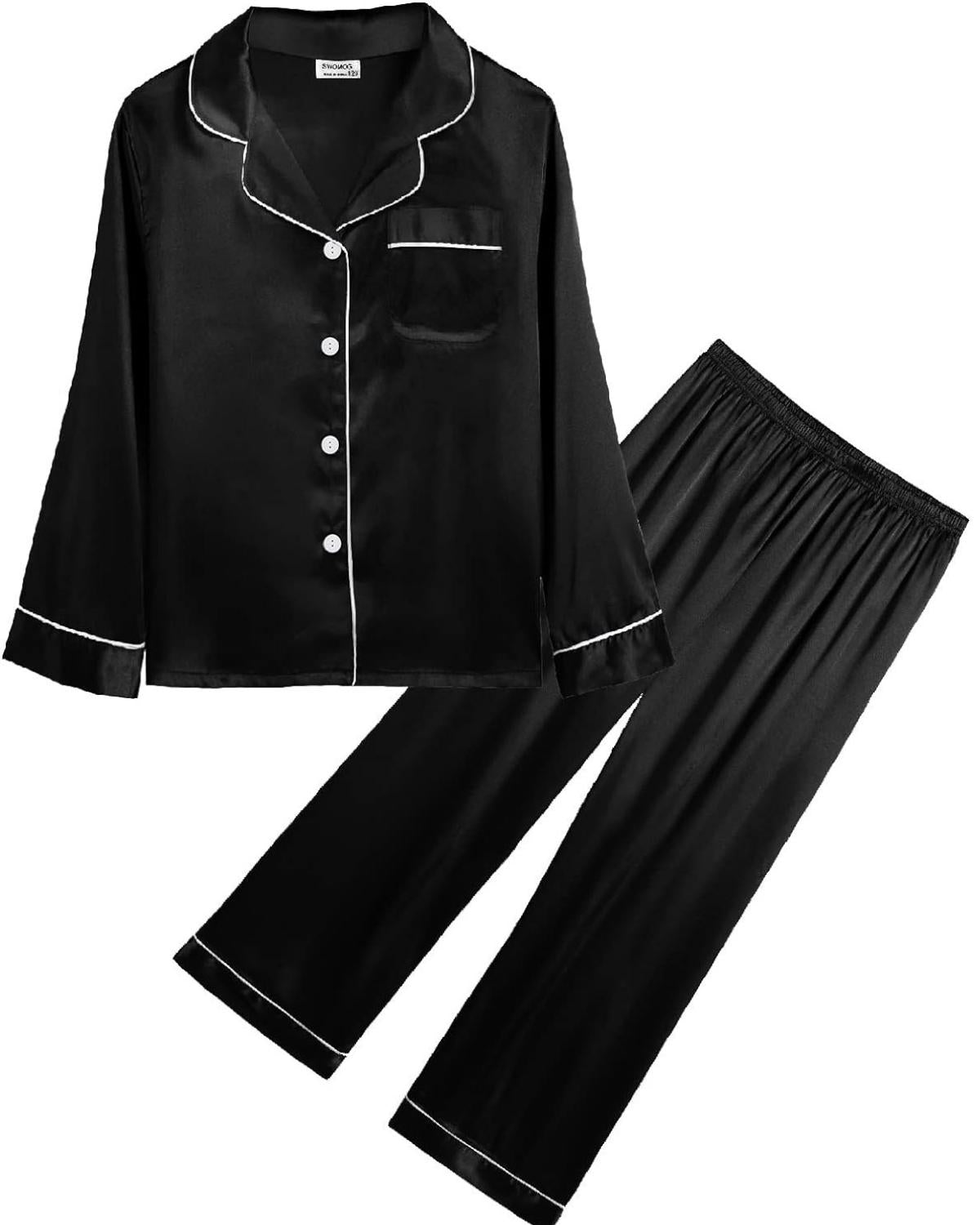 Pijama Infantil Americano Cetim Calça e Camisa Manga Longa - Preto