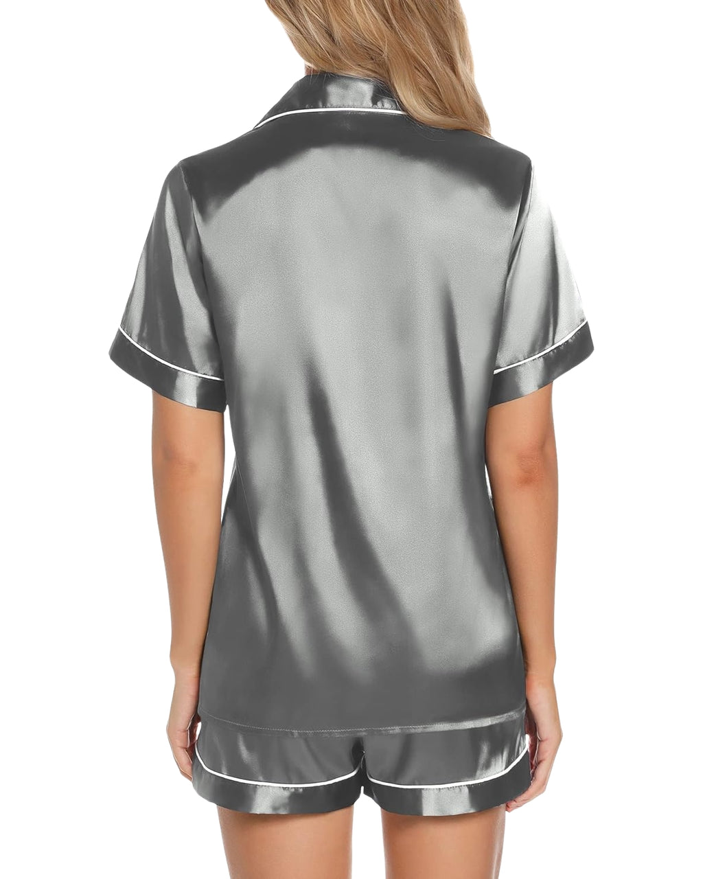 Pijama Feminino Americano Cetim Short com Manga Curta - Cinza