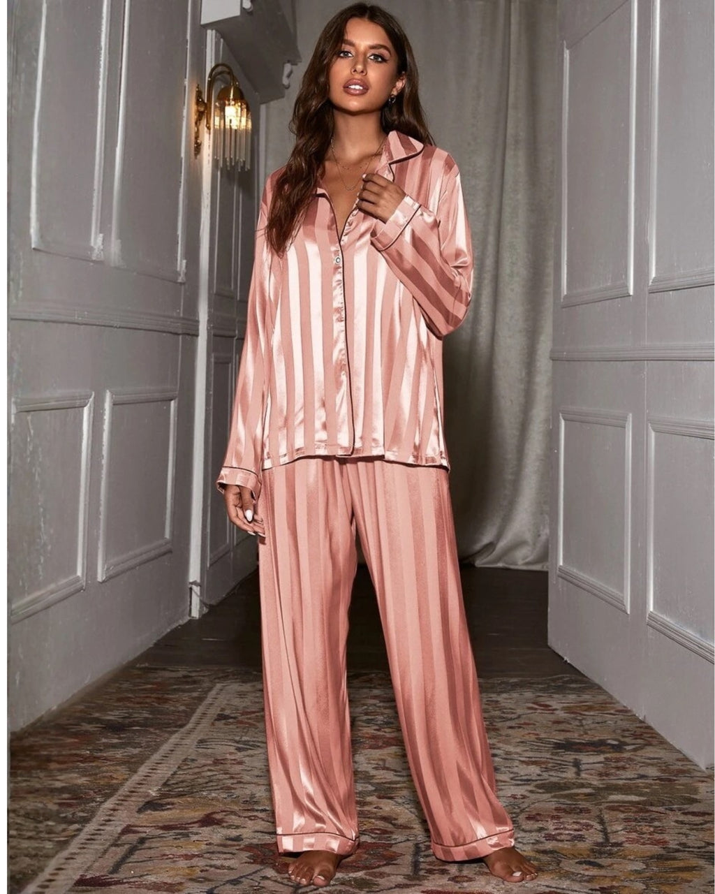 Pijama Feminino Americano Afrodite Cetim Listrado Calça com Manga Longa - Rosa