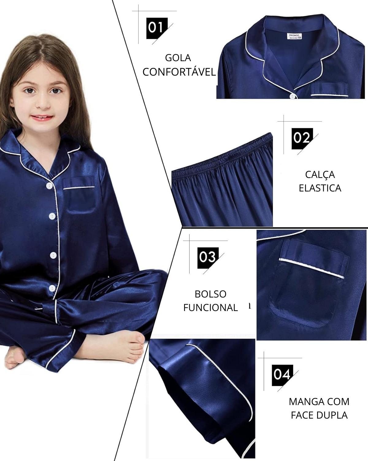 Pijama Infantil Americano Calça e Camisa Manga Longa - Azul Marinho