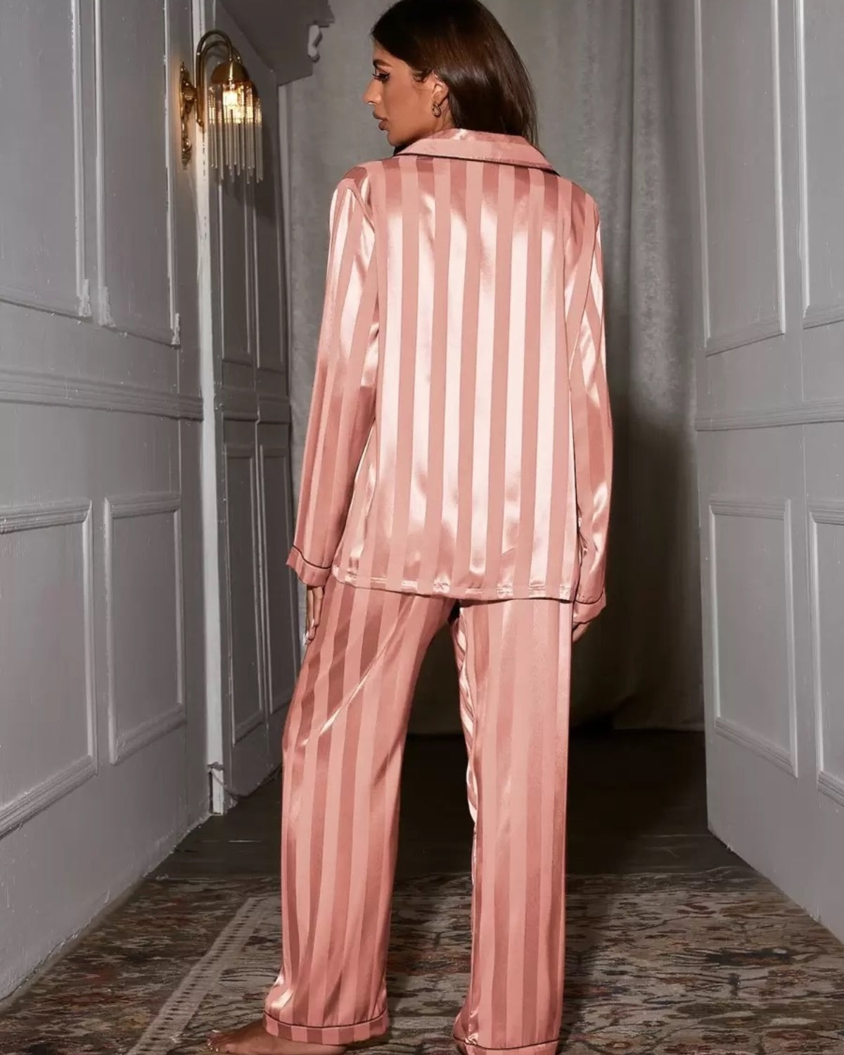 Pijama Feminino Americano Afrodite Cetim Listrado Calça com Manga Longa - Rosa