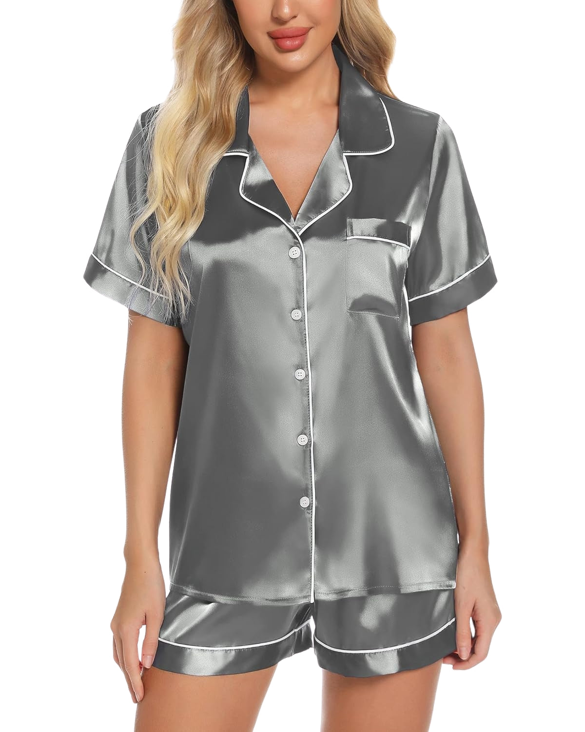 Pijama Feminino Americano Cetim Short com Manga Curta - Cinza
