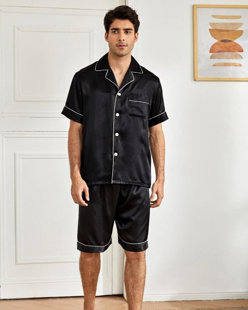 Pijama Masculino em Cetim Short e Camisa Manga Curta - Preto