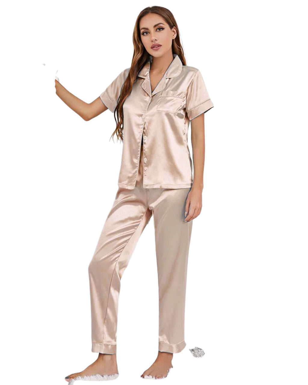 Pijama Americano Feminino Cetim Calça e Manga Curta - Champanhe