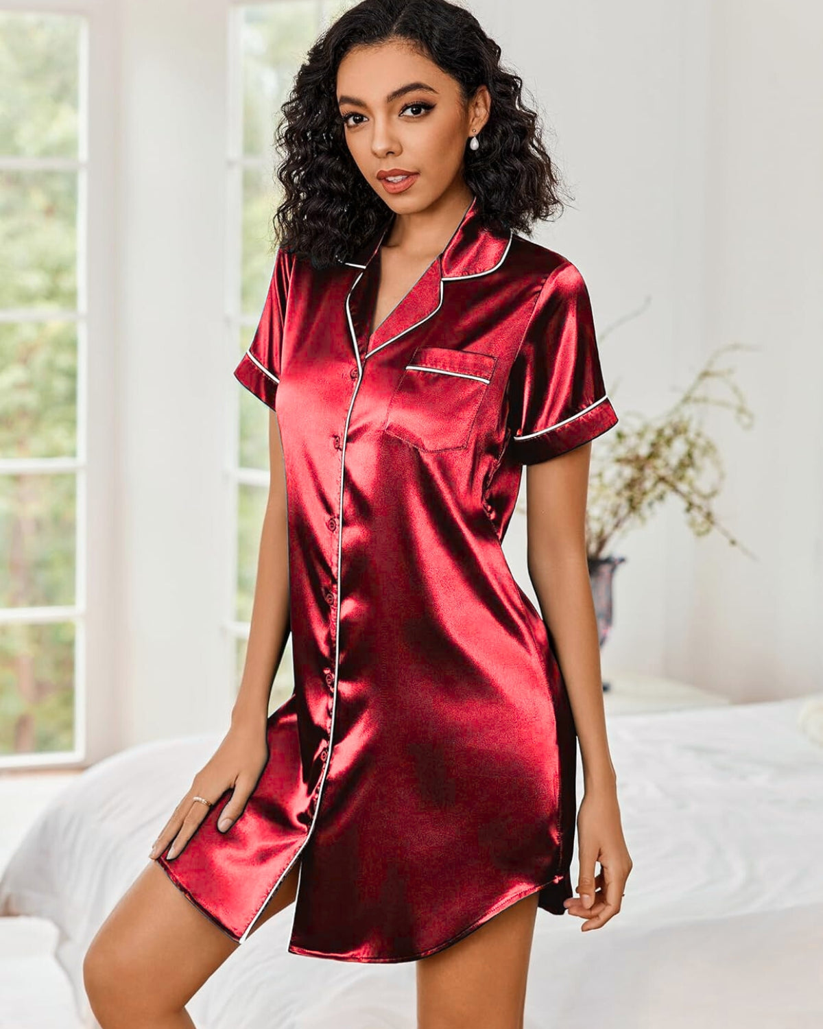 Chemise Feminina Americana Manga Curta - Vermelho
