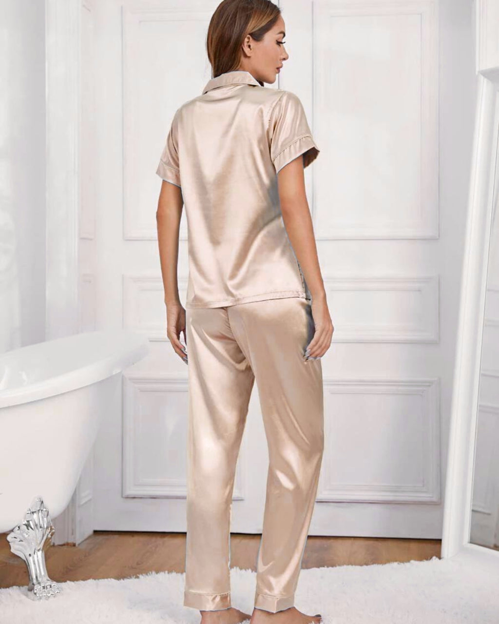 Pijama Americano Feminino Cetim Calça e Manga Curta - Champanhe
