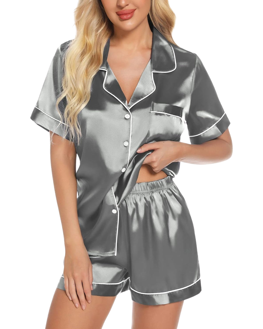 Pijama Feminino Americano Cetim Short com Manga Curta - Cinza