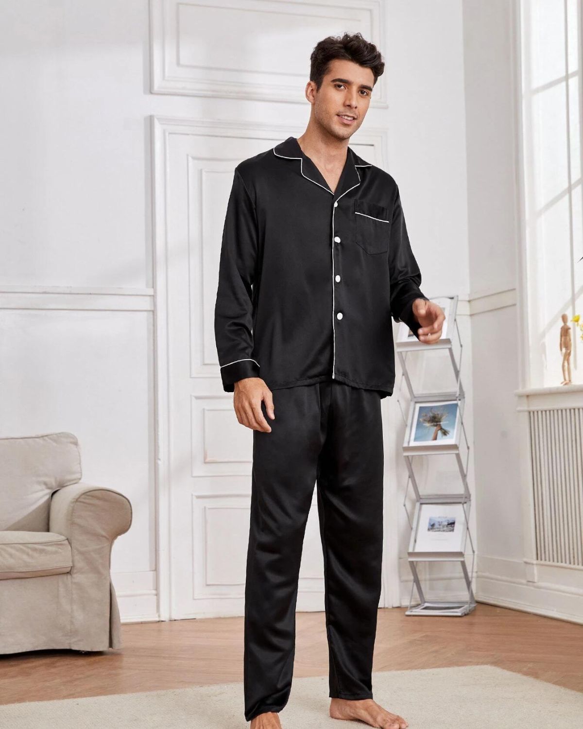 PIjama Masculino em Cetim Short e Camisa Manga Curta - Preto