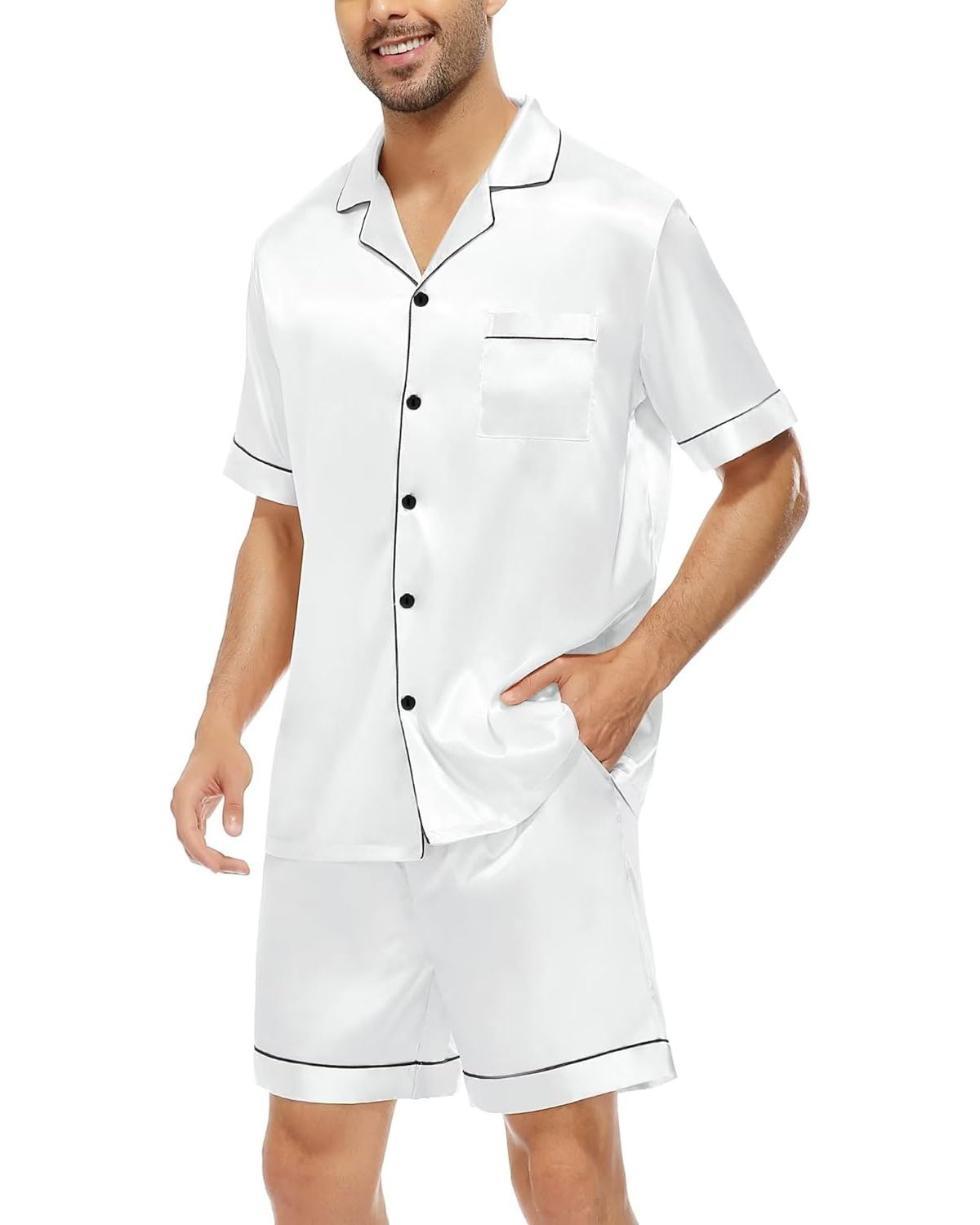Pijama Masculino Marcos em Cetim com Elastano Short e Camisa Manga Curta com Bolso e Botões - Branco