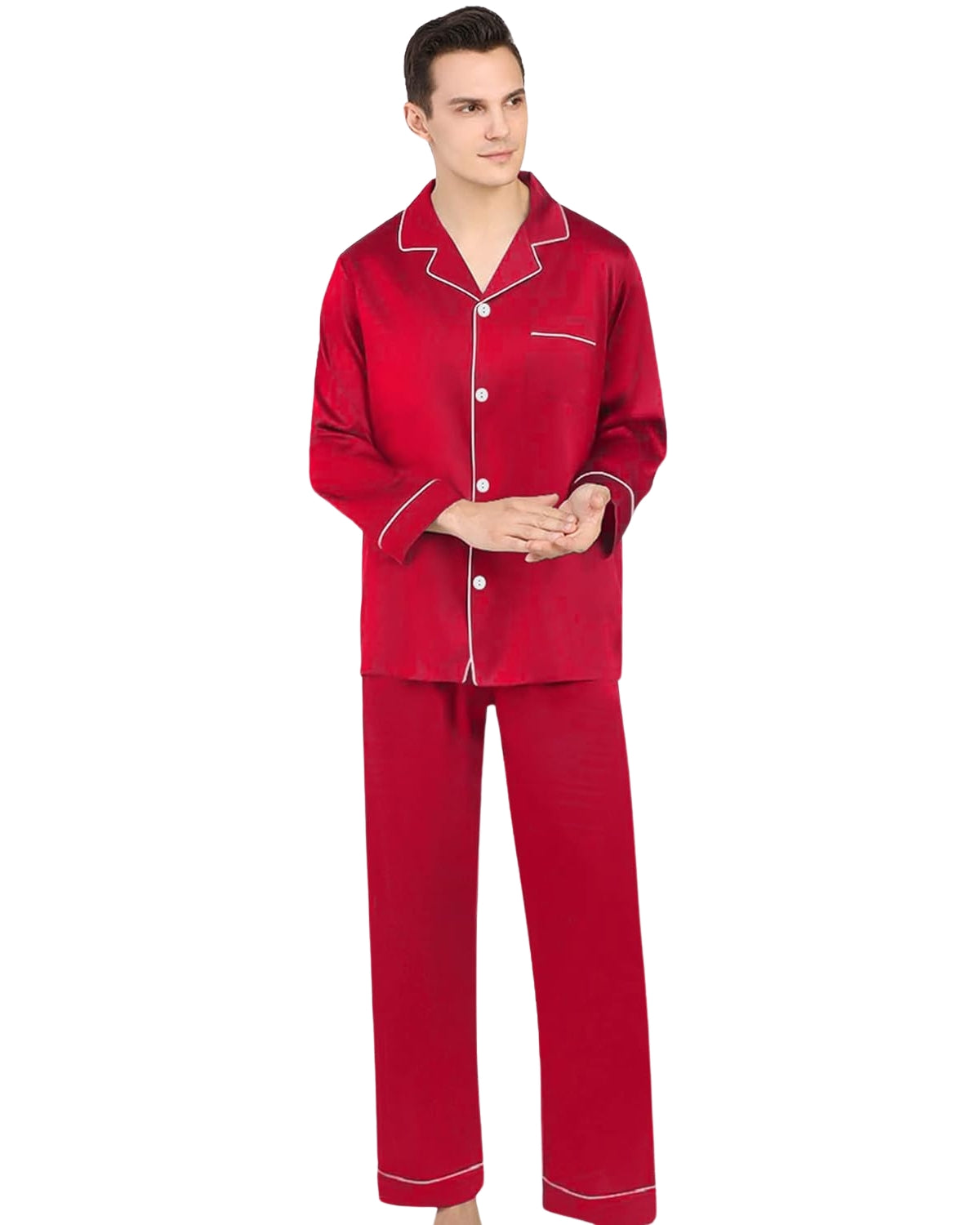 Pijama Masculino Cetim Calça e Camisa Manga Longa - Vermelho