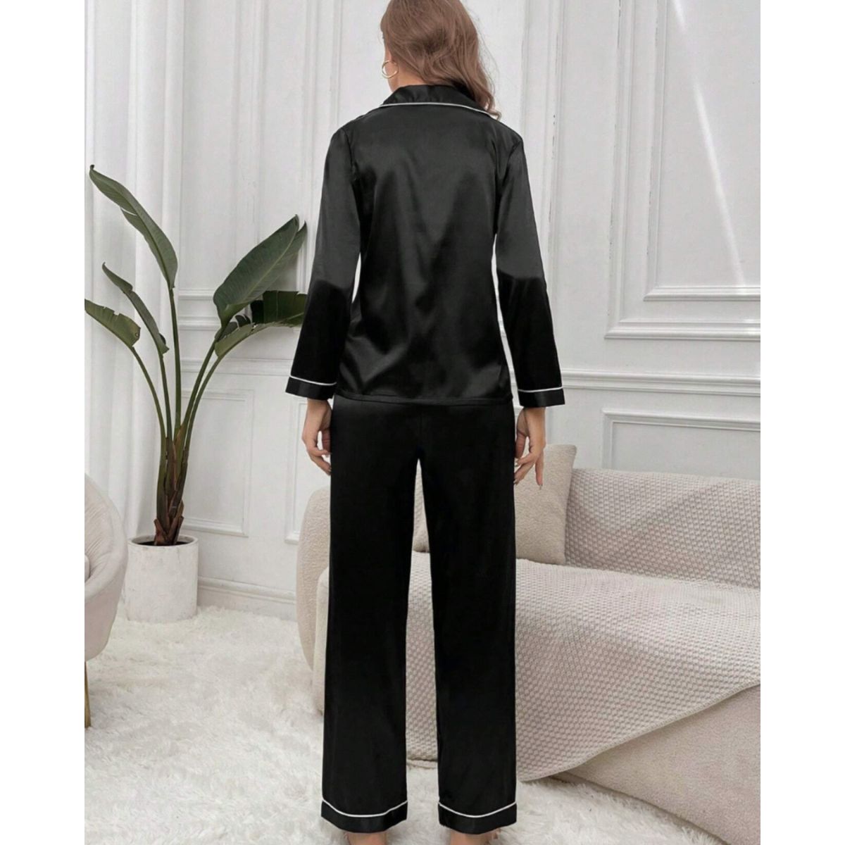Pijama Americano Feminino Cetim de Seda Calça e Manga Cumprida - Preto