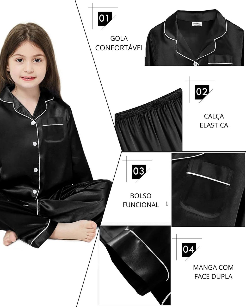 Pijama Infantil Americano Cetim Calça e Camisa Manga Longa - Preto