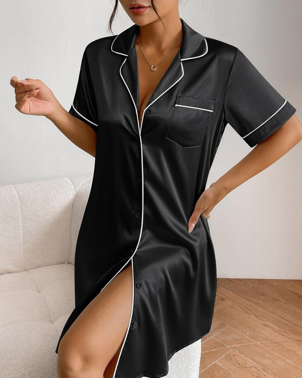 Chemise Feminina Americana Manga Curta - Preto
