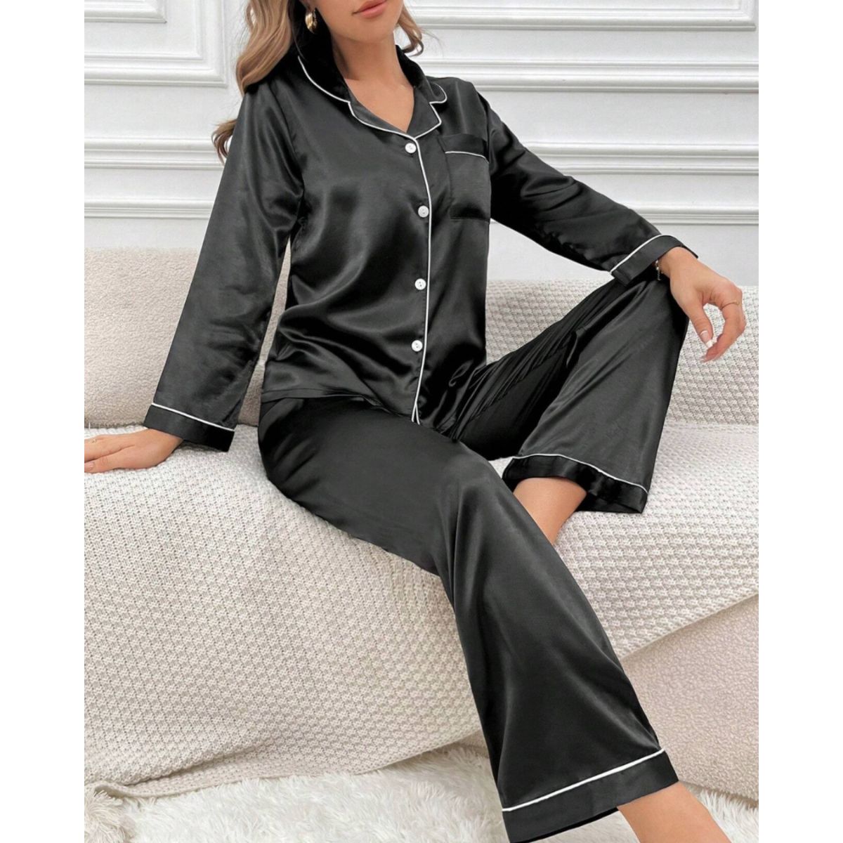 Pijama Americano Feminino Cetim de Seda Calça e Manga Cumprida - Preto