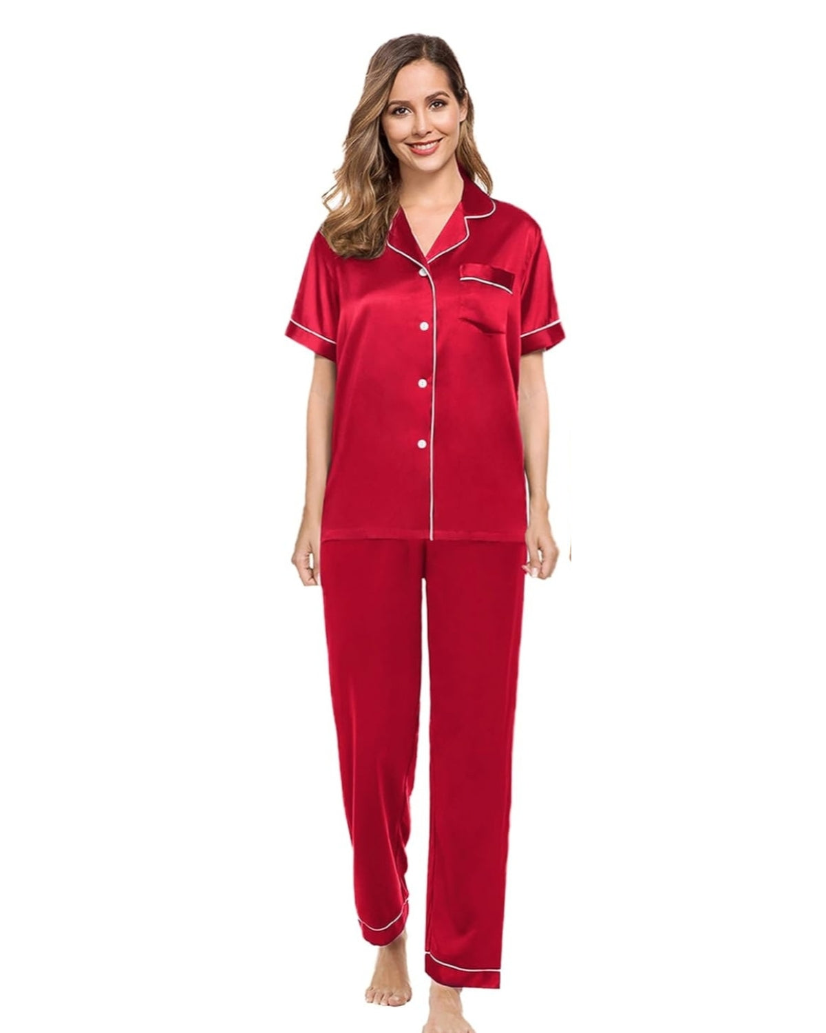 Pijama Americano Feminino Cetim Calça e Manga Curta - Vermelho