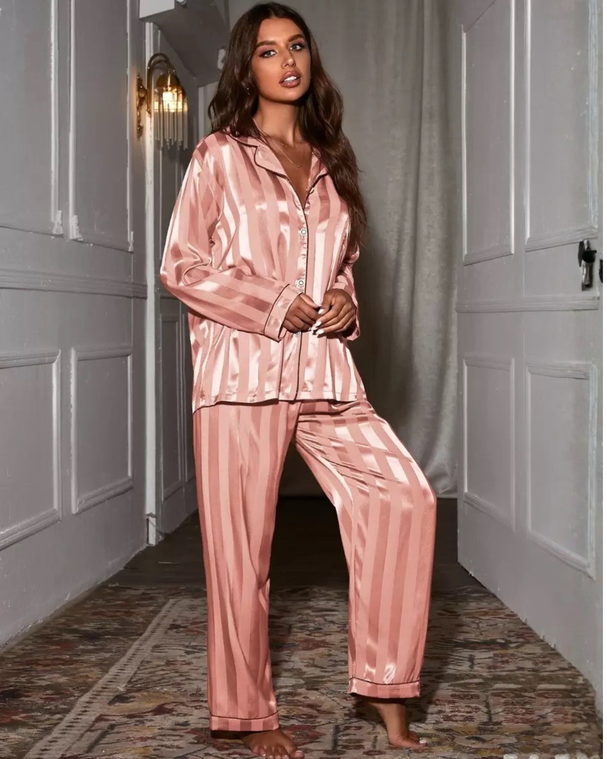Pijama Feminino Americano Afrodite Cetim Listrado Calça com Manga Longa - Rosa