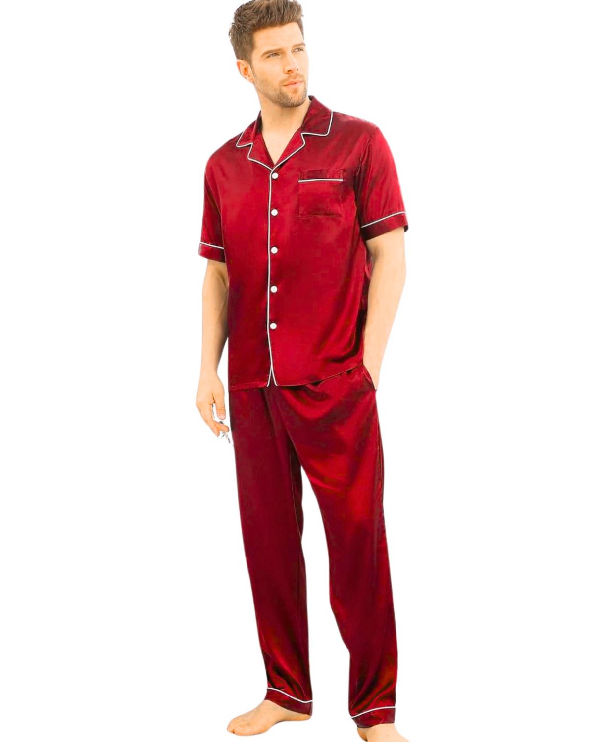 Pijama Americano Masculino Cetim Calça e Camisa Manga Curta - Vermelho