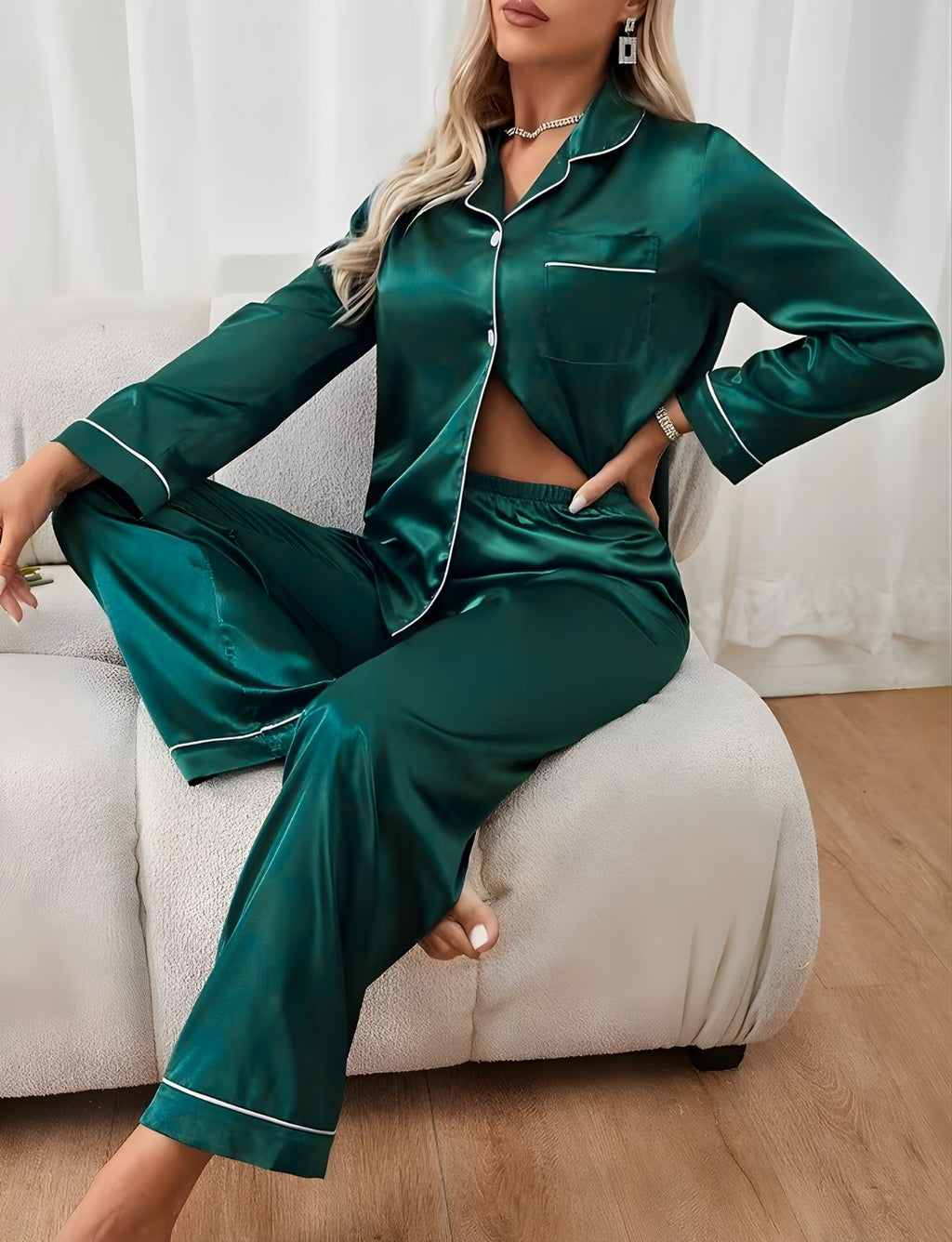 Pijama Americano Feminino Afrodite Cetim de Seda Calça e Manga Cumprida - Verde