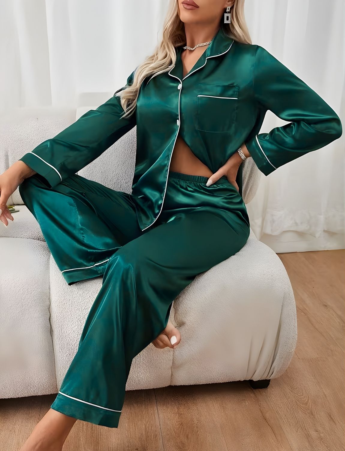 Pijama Americano Feminino Afrodite Cetim de Seda Calça e Manga Cumprida - Verde