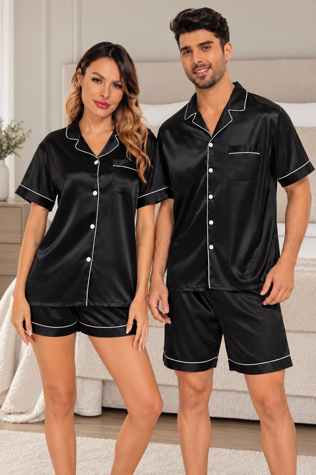 Pijama Casal 2 Peças Pijama Americano Cetim Camisa Manga Curta e Short - Preto